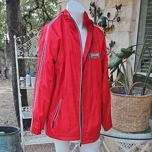 Vtg Wearfun XL Lined Red Jacket with Checkered Flag Firestone Patch Some Marks